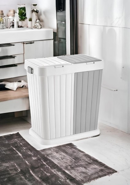 Büyük Boy Çift Hazneli Çamaşır Sepeti - 2'li Çok Amaçlı Kutu, Çöp Kovası - 80 Litre - Ekru-Gri