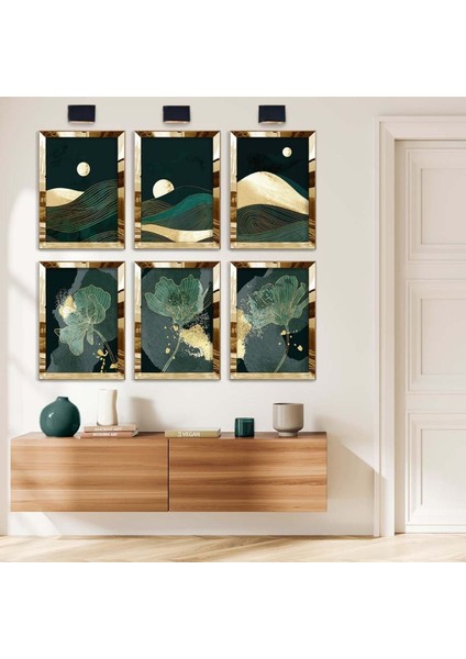 KOLAJ ÇİZİM VE ÇİÇEK DESEN 6'LI PLEKSİ KENAR MDF TABLO SETİ