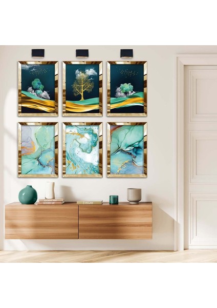 KOLAJ ÇİZİM DOĞA FİGÜR VE TURKUAZ TEMA 6'LI PLEKSİ KENAR MDF TABLO SETİ