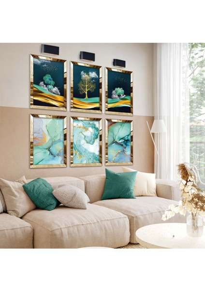 KOLAJ ÇİZİM DOĞA FİGÜR VE TURKUAZ TEMA 6'LI PLEKSİ KENAR MDF TABLO SETİ fiyatları