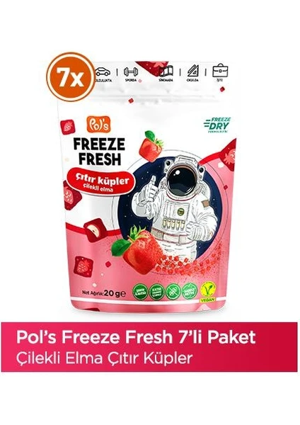 Pol’s Freeze Fresh Çıtır Küp Çilekli Elma 20 g x 7 Adet Freeze Dry Dondurularak Kurutulmuş Meyve