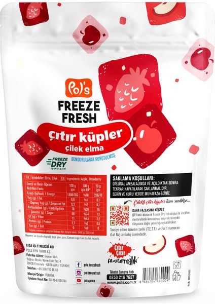 Pol’s Freeze Fresh Çıtır Küp Çilekli Elma 20 g x 7 Adet Freeze Dry Dondurularak Kurutulmuş Meyve