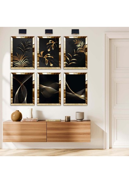 GOLD YAPRAK VE SOYUT TEMA 6'LI PLEKSİ KENAR MDF TABLO SETİ