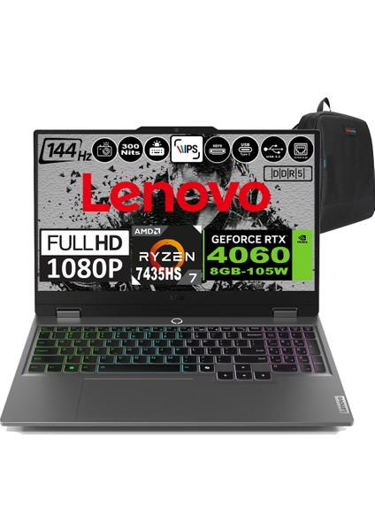 Loq 15ARP9 Amd Ryzen 7 7435HS Ddr5 32GB 1tb SSD RTX4060-8GB 300NITS 15.6" 144Hz Fhd Freedos Taşınabilir Bilgisayar 83JC00FKTRF06 + Zetta Çanta
