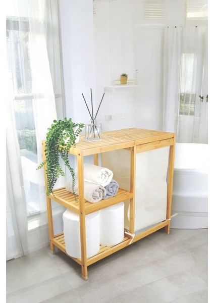 Bambu 3 Raflı Kumaşlı Banyo Düzenleyici Kirli Çamaşır Sepeti D/8 JW-22750