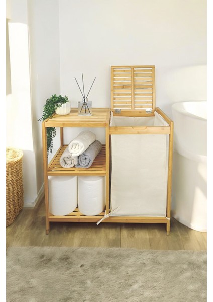 Bambu 3 Raflı Kumaşlı Banyo Düzenleyici Kirli Çamaşır Sepeti D/8 JW-22750