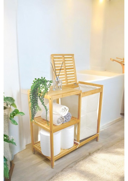 Bambu 3 Raflı Kumaşlı Banyo Düzenleyici Kirli Çamaşır Sepeti D/8 JW-22750