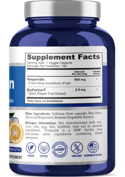 Hesperidin 500 Mg Per Veggie Caps - 180 Capsul (Bioperine, High Absorption) Made In Usa fiyatları