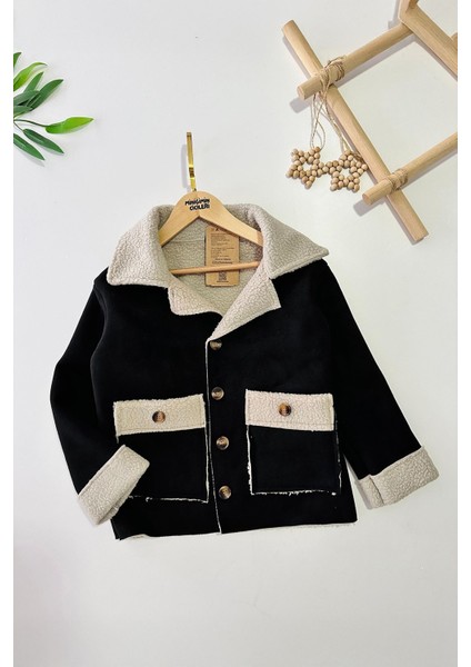 Unisex (6-13 Yaş) Kürklü Düğmeli süet ceket - Siyahkrem