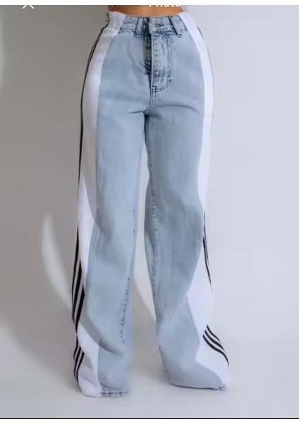 024 Kadın Penye Şeritli Püsküllü Paça Jeans Kot Denim Pantolon