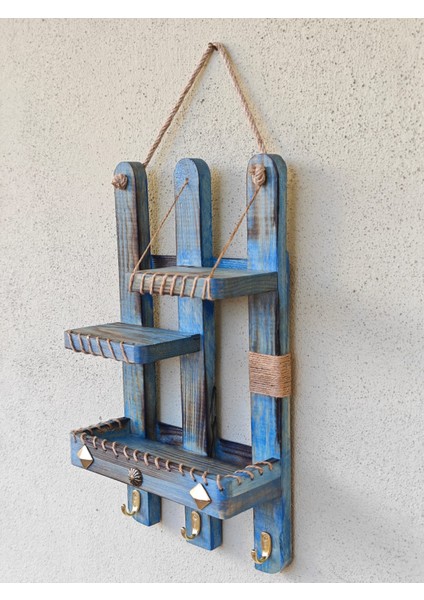 Dekoratif Çam Agacı Raf El Yapımı Ahşap Raf Anahtarlık Antik Mavi