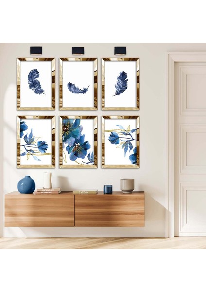MAVİ TEMA TÜY VE ÇİÇEK MODERN ÇİZİM VE ÇİÇEK DESEN 6'LI PLEKSİ KENAR MDF TABLO SETİ