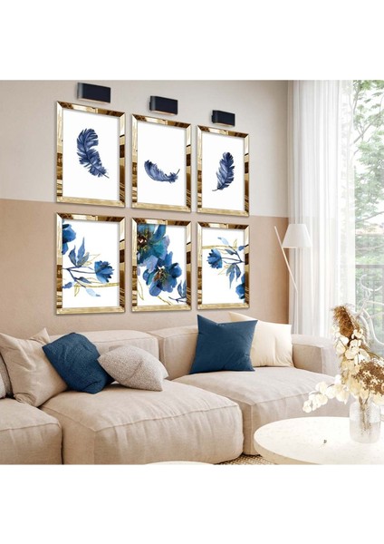 MAVİ TEMA TÜY VE ÇİÇEK MODERN ÇİZİM VE ÇİÇEK DESEN 6'LI PLEKSİ KENAR MDF TABLO SETİ fiyatları