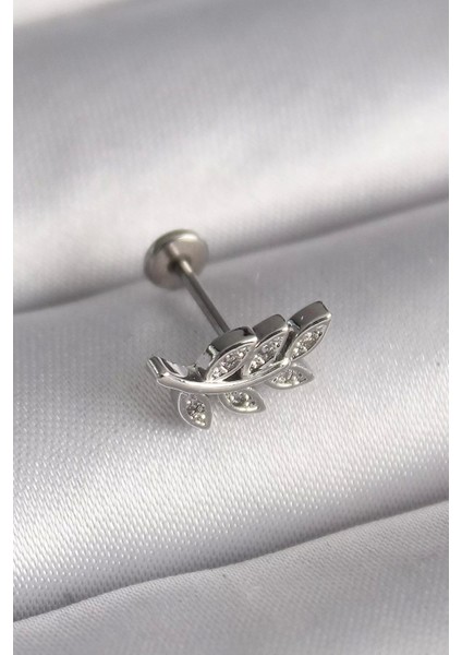316L Çelik Gümüş Renk Dal Model Zirkon Taş Detaylı Tragus Piercing