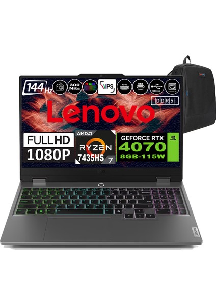 Loq 15ARP9 Amd Ryzen 7 7435HS Ddr5 16GB 512GB SSD RTX4070-8GB 300NITS 15.6" 144Hz Fhd Freedos Taşınabilir Bilgisayar 83JC00CUTRF01 + Zetta Çanta