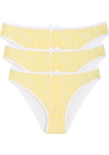 Pamuklu Dantelli 3lü Külot Sarı 40258