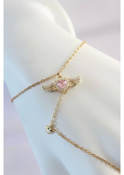 316L Çelik Gold Renk Pembe Zirkon Taşlı Kanatlı Kalp Model Şahmeran fiyatları