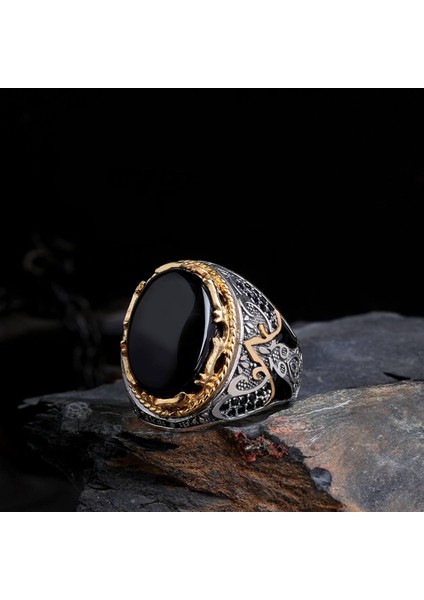 Melek Figürlü Mineli 925 Ayar Erkek Gümüş Yüzük