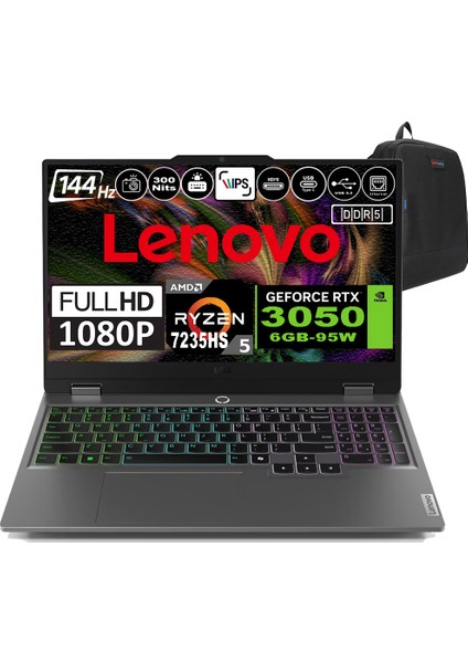 Loq 15ARP9 Amd Ryzen 5 7235HS Ddr5 16GB 2tb SSD RTX3050-6GB 300NITS 15.6" 144Hz Fhd Freedos Taşınabilir Bilgisayar 83JC000PTRF03 + Zetta Çanta