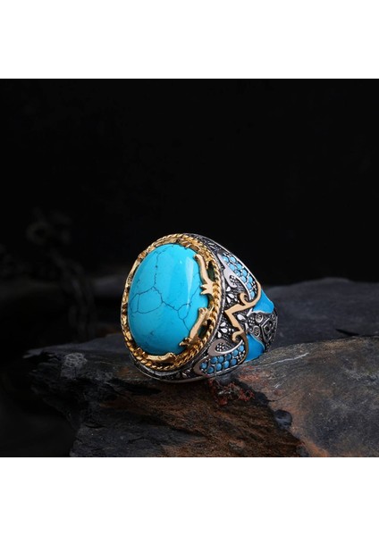 Melek Figürlü Mineli 925 Ayar Erkek Gümüş Yüzük