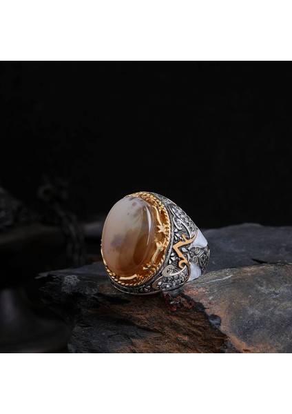 Melek Figürlü Mineli 925 Ayar Erkek Gümüş Yüzük