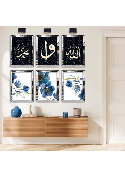ALLAH LAFZI VE MAVİ ÇİÇEK 6'LI PLEKSİ KENAR MDF TABLO SETİ