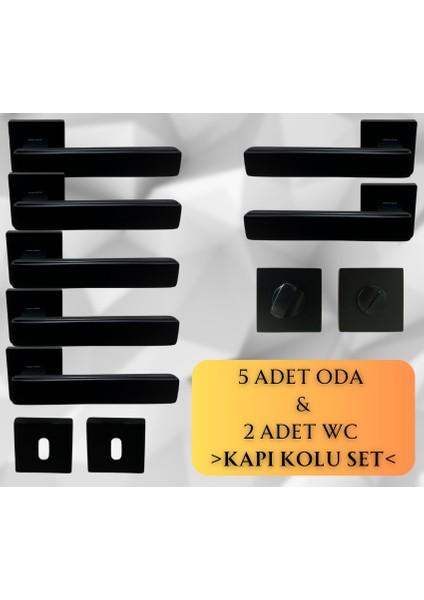 Lusso Siyah 5 Adet Oda 2 Adet Wc Kare Rozetli Kapı Kolu Set