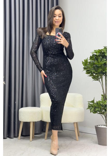 Kadın Kare Yaka Pul Payet Abiye Elbise Bordo, Siyah, Zümrüt Yeşil, Saks, Lacivert, Bej, Kırmızı