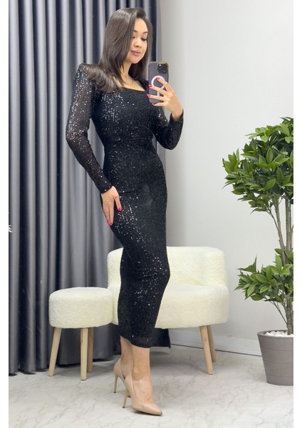 Kadın Kare Yaka Pul Payet Abiye Elbise Bordo, Siyah, Zümrüt Yeşil, Saks, Lacivert, Bej, Kırmızı fiyatları