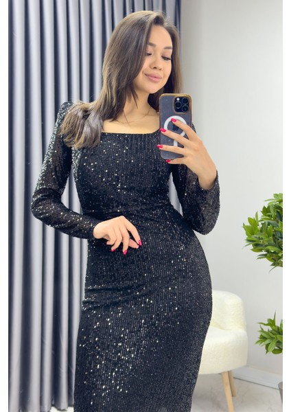 Kadın Kare Yaka Pul Payet Abiye Elbise Bordo, Siyah, Zümrüt Yeşil, Saks, Lacivert, Bej, Kırmızı modelleri