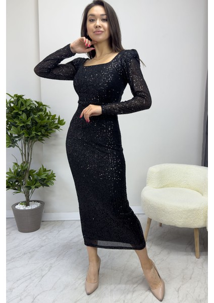 Kadın Kare Yaka Pul Payet Abiye Elbise Bordo, Siyah, Zümrüt Yeşil, Saks, Lacivert, Bej, Kırmızı fırsatları