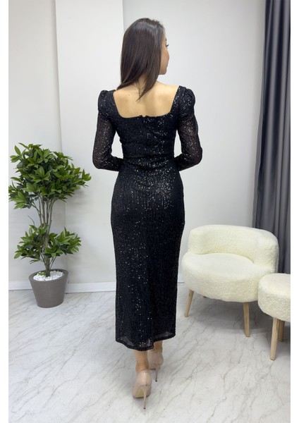 Kadın Kare Yaka Pul Payet Abiye Elbise Bordo, Siyah, Zümrüt Yeşil, Saks, Lacivert, Bej, Kırmızı indirimleri