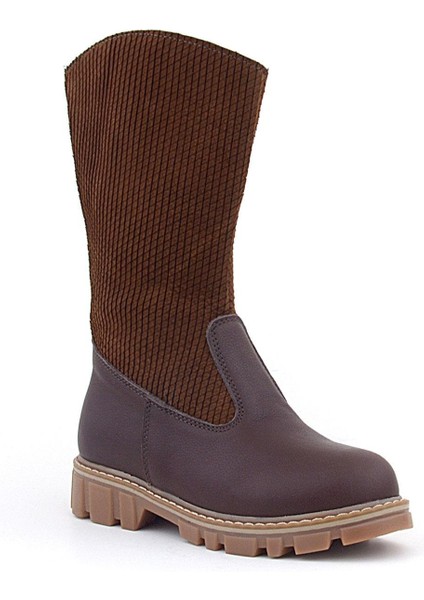 Hakiki Deri Taba Kahve Fermuarlı Uzun Kız Çocuk Çizme