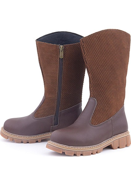 Hakiki Deri Taba Kahve Fermuarlı Uzun Kız Çocuk Çizme indirimleri