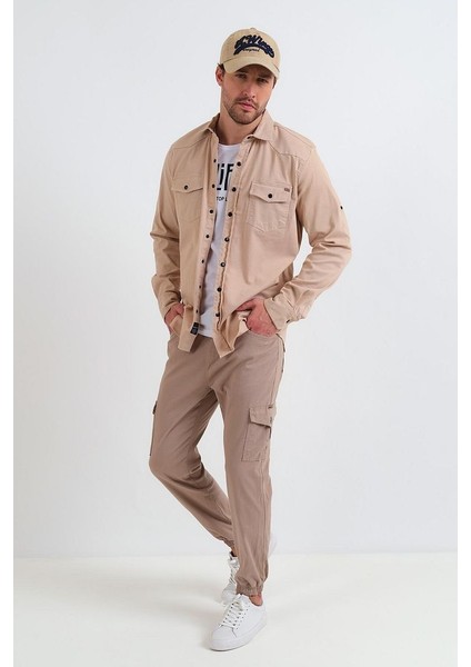 Erkek Beli ve Paçası Lastikli Kargo Cepli Keten Jogger Pantolon