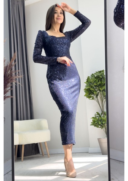 Kadın Kare Yaka Pul Payet Abiye Elbise Bordo, Siyah, Zümrüt Yeşil, Saks, Lacivert, Bej, Kırmızı modelleri