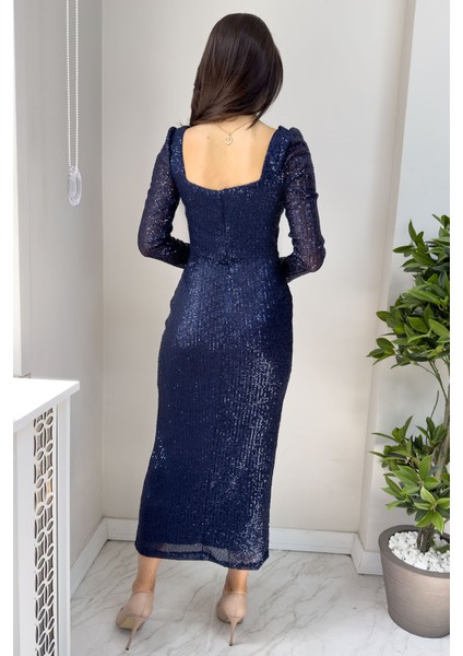 Kadın Kare Yaka Pul Payet Abiye Elbise Bordo, Siyah, Zümrüt Yeşil, Saks, Lacivert, Bej, Kırmızı fırsatları