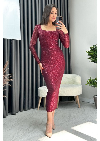 Kadın Kare Yaka Pul Payet Abiye Elbise Bordo, Siyah, Zümrüt Yeşil, Saks, Lacivert, Bej, Kırmızı