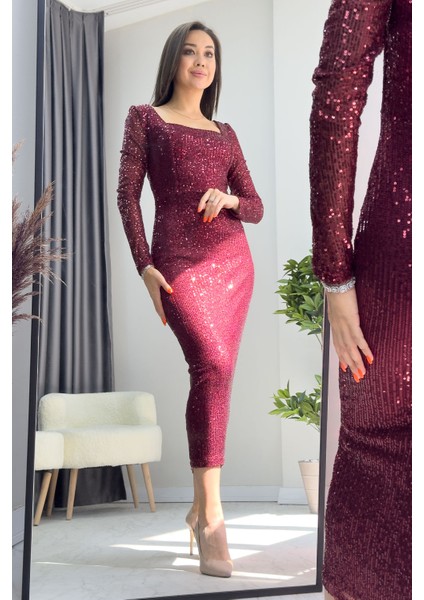 Kadın Kare Yaka Pul Payet Abiye Elbise Bordo, Siyah, Zümrüt Yeşil, Saks, Lacivert, Bej, Kırmızı fiyatları