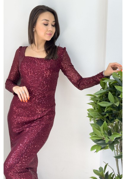 Kadın Kare Yaka Pul Payet Abiye Elbise Bordo, Siyah, Zümrüt Yeşil, Saks, Lacivert, Bej, Kırmızı modelleri