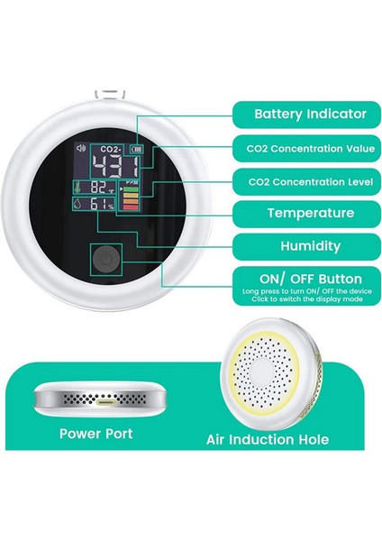 Co2 Monitör Ölçer Sensörü, Hava Kalitesi Karbondioksit Monitörü (Beyaz) (Yurt Dışından)