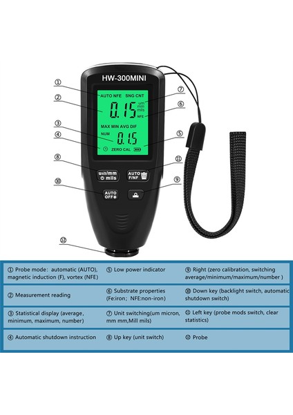 HW300MINI Kalınlık Ölçer Test Cihazı Otomatik Araba Boyası Ölçümü-Siyah (Yurt Dışından)