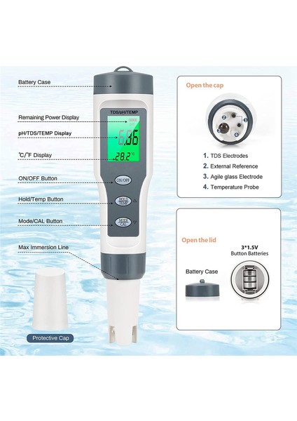 Su Için 3'ü 1 Arada Dijital Ph Ölçer, Tds/ph/sıcaklık Ölçer, Su Test Cihazı (Yurt Dışından)
