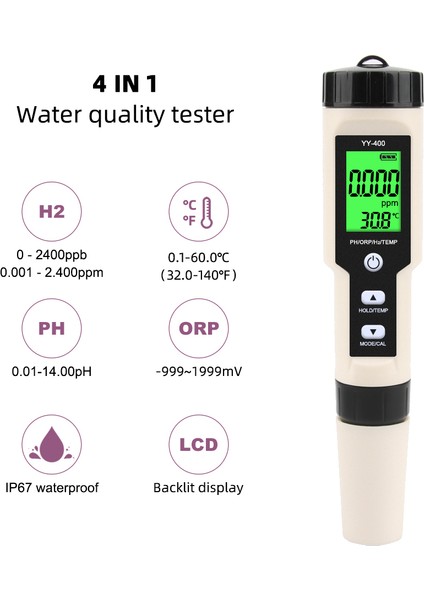 4'ü 1 Arada YY-400 Ph/orp/h2&tem Metre Dijital Test Cihazı, Arka Aydınlatma (Yurt Dışından)