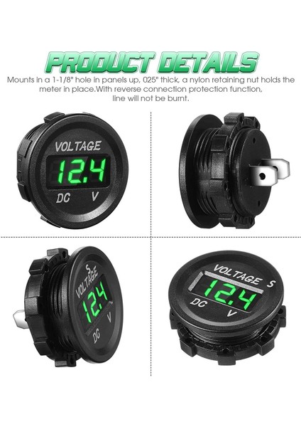 4xdc 12V Araba Voltaj Göstergesi LED Ekran Voltmetre Monitörü -Yeşil (Yurt Dışından)