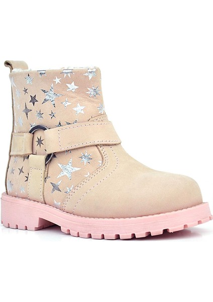 Chiron Hakiki Deri Pudra Yıldız Desenli Fermuarlı Kürklü Kız Çocuk Bot