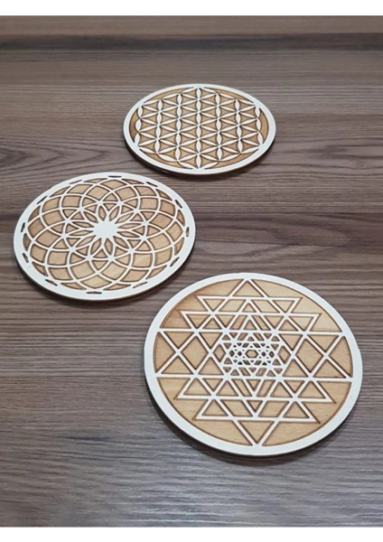 Yaşam Çiçeği, Torus, Sriyantra Sembolü Doğal Ahşap Bardakaltı 6lı Set