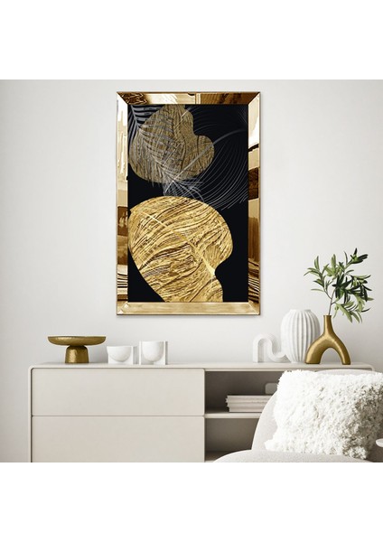 Gümüş Aynalı Pleksi Çerçeveli Siyah Arka Planlı Altın Renkli Desenli Yapraklar Tablo