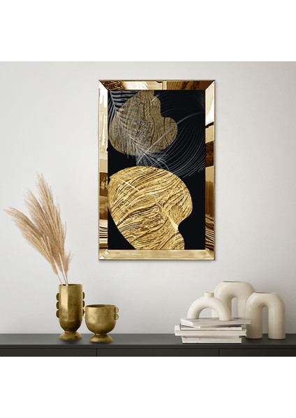 Gümüş Aynalı Pleksi Çerçeveli Siyah Arka Planlı Altın Renkli Desenli Yapraklar Tablo fiyatları