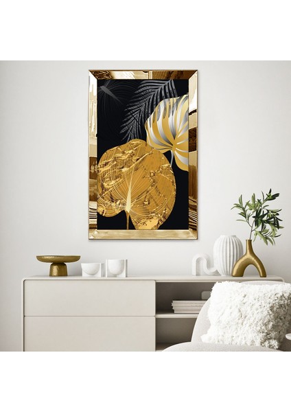 Gold Aynalı Pleksi Çerçeveli Siyah Arka Planlı Altın Renkli Desenli Dekoratif Yapraklar Tablo